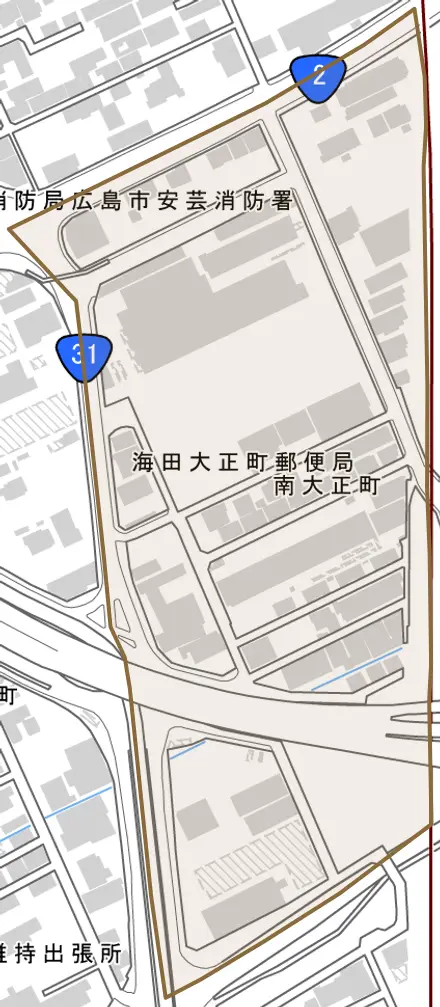 南大正町とその周辺の地図。町の範囲を重ねている