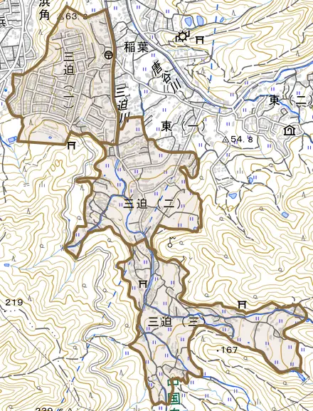 三迫とその周辺の地図。町の範囲を重ねている