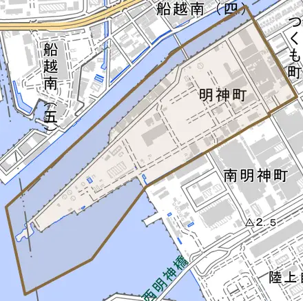 明神町とその周辺の地図。町の範囲を重ねている