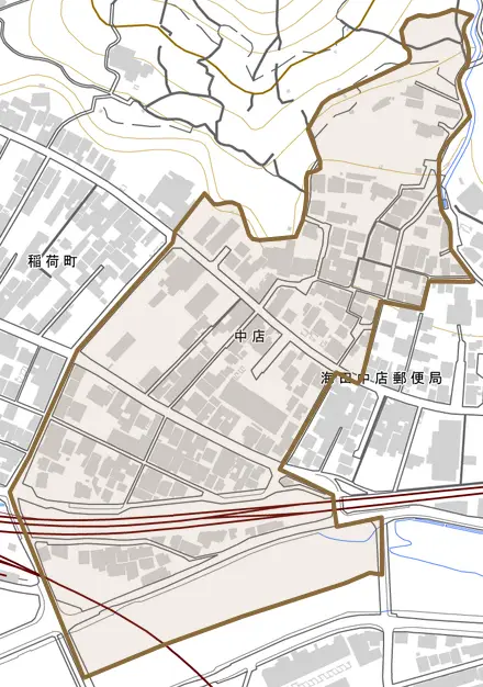 中店とその周辺の地図。町の範囲を重ねている