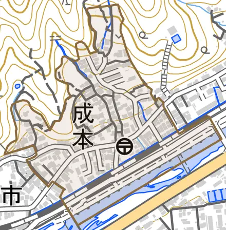 成本とその周辺の地図。町の範囲を重ねている
