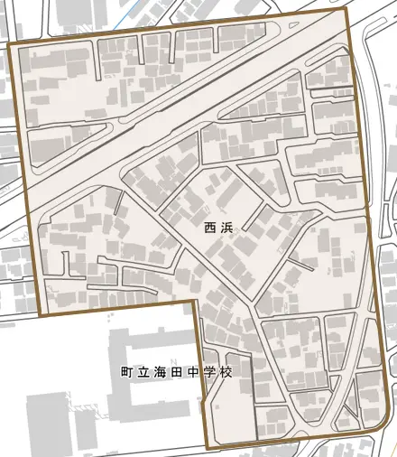 西浜とその周辺の地図。町の範囲を重ねている