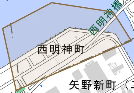 西明神町とその周辺の地図。町の範囲を重ねている