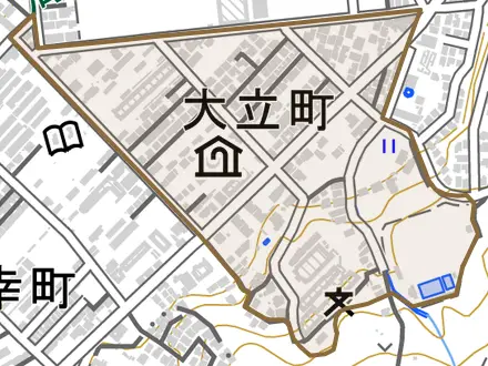 大立町とその周辺の地図。町の範囲を重ねている