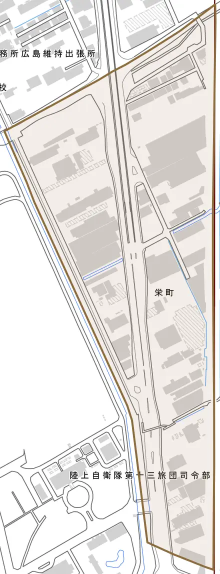 栄町とその周辺の地図。町の範囲を重ねている