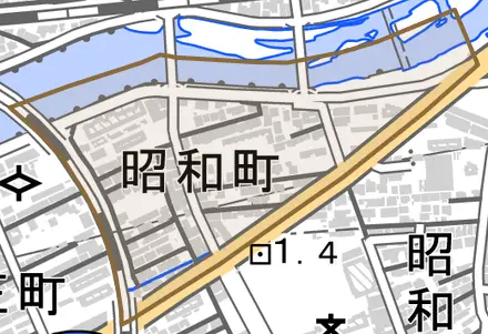 昭和町とその周辺の地図。町の範囲を重ねている