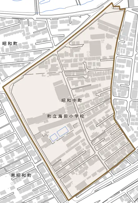 昭和中町とその周辺の地図。町の範囲を重ねている