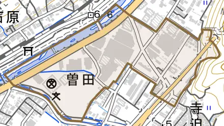 曽田とその周辺の地図。町の範囲を重ねている