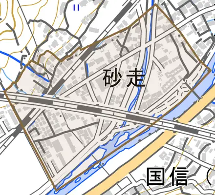 砂走とその周辺の地図。町の範囲を重ねている
