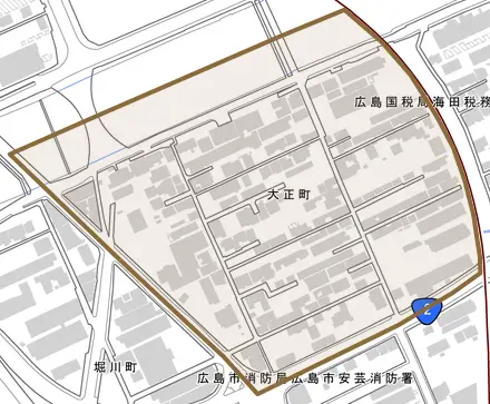 大正町とその周辺の地図。町の範囲を重ねている