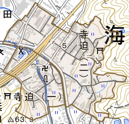 寺迫とその周辺の地図。町の範囲を重ねている