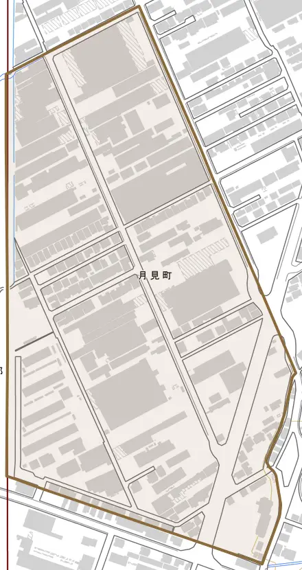 月見町とその周辺の地図。町の範囲を重ねている