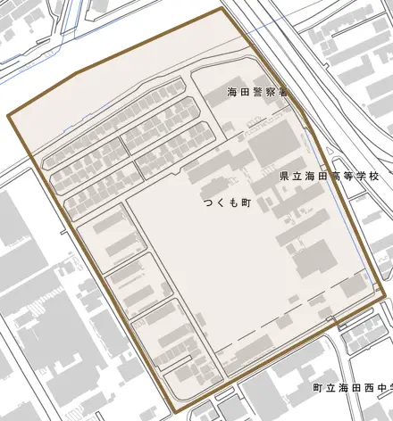 つくも町とその周辺の地図。町の範囲を重ねている