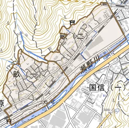畝とその周辺の地図。町の範囲を重ねている