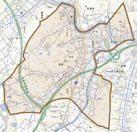 有田とその周辺の地図。町の範囲を重ねている