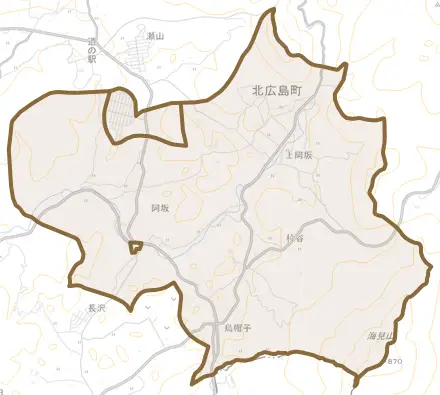 阿坂とその周辺の地図。町の範囲を重ねている