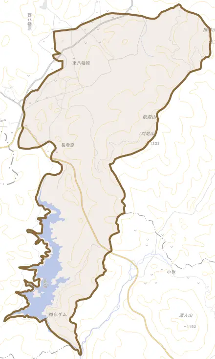 東八幡原とその周辺の地図。町の範囲を重ねている