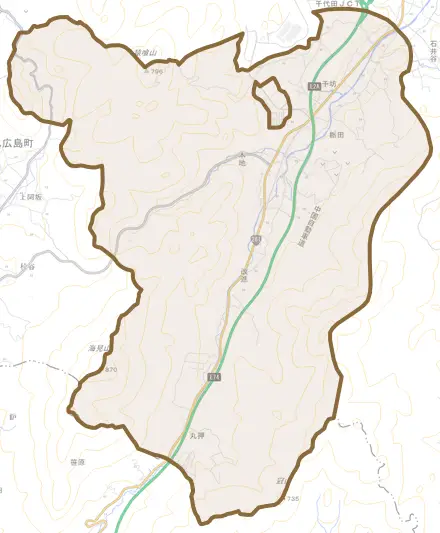 本地とその周辺の地図。町の範囲を重ねている