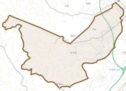 今田とその周辺の地図。町の範囲を重ねている
