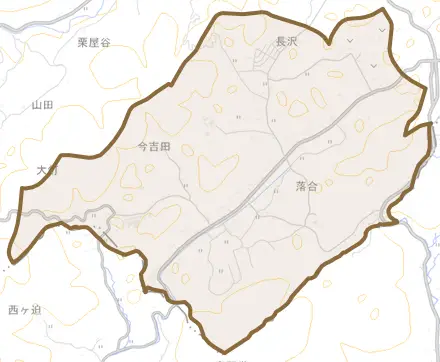 今吉田とその周辺の地図。町の範囲を重ねている