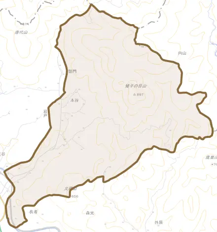 岩戸とその周辺の地図。町の範囲を重ねている