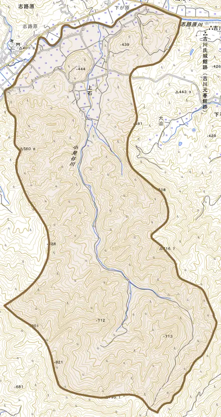 上石とその周辺の地図。町の範囲を重ねている