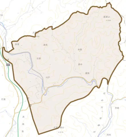 川戸とその周辺の地図。町の範囲を重ねている