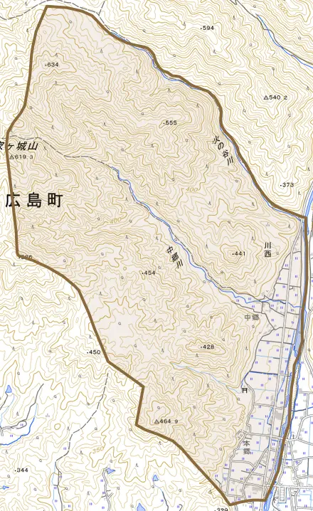 川西とその周辺の地図。町の範囲を重ねている