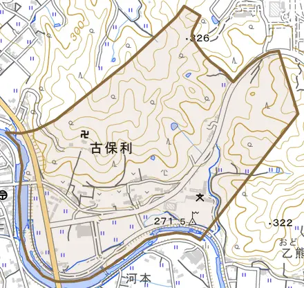 古保利とその周辺の地図。町の範囲を重ねている
