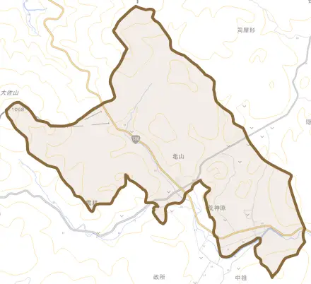 荒神原とその周辺の地図。町の範囲を重ねている
