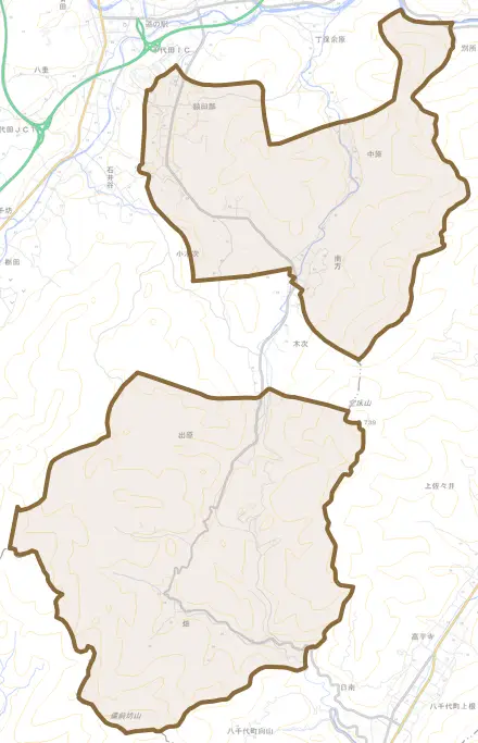 南方とその周辺の地図。町の範囲を重ねている