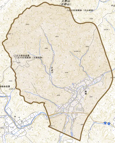 舞綱とその周辺の地図。町の範囲を重ねている
