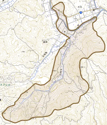 中祖とその周辺の地図。町の範囲を重ねている