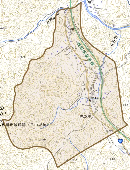 中山とその周辺の地図。町の範囲を重ねている