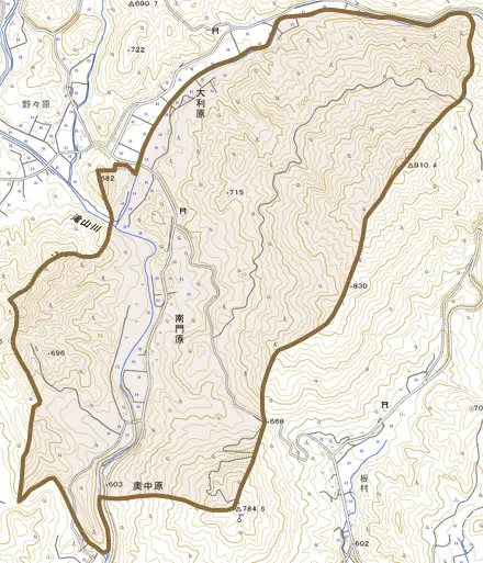 南門原とその周辺の地図。町の範囲を重ねている