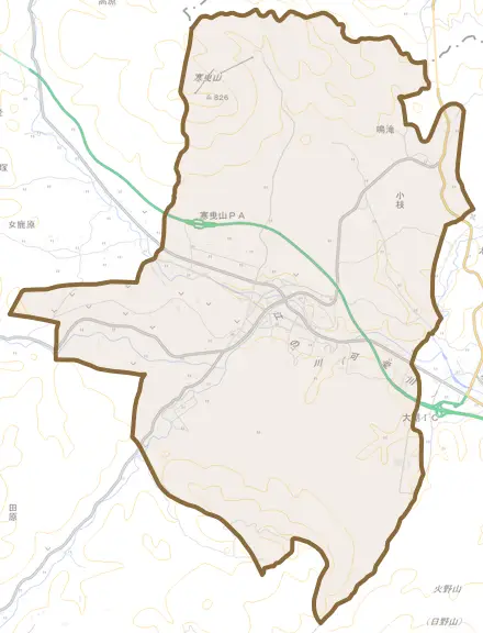 大朝とその周辺の地図。町の範囲を重ねている