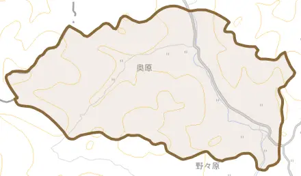奥原とその周辺の地図。町の範囲を重ねている
