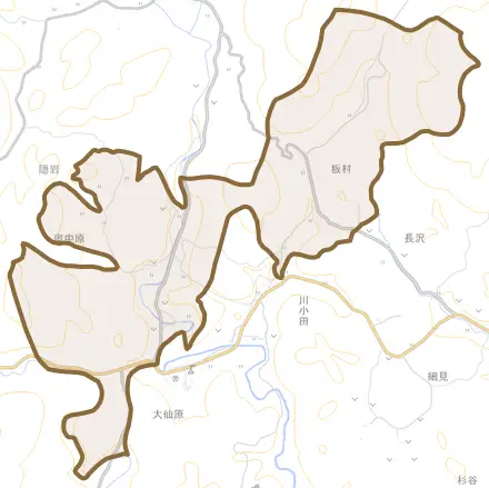 奥中原とその周辺の地図。町の範囲を重ねている