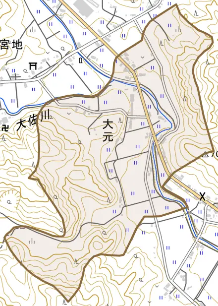 大元とその周辺の地図。町の範囲を重ねている