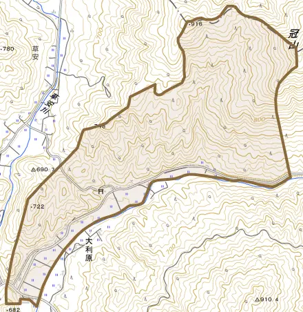 大利原とその周辺の地図。町の範囲を重ねている