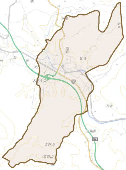新庄とその周辺の地図。町の範囲を重ねている