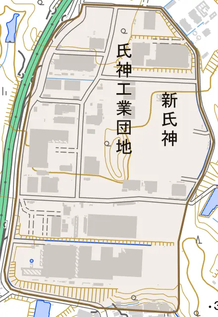 新氏神とその周辺の地図。町の範囲を重ねている
