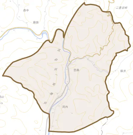 惣森とその周辺の地図。町の範囲を重ねている