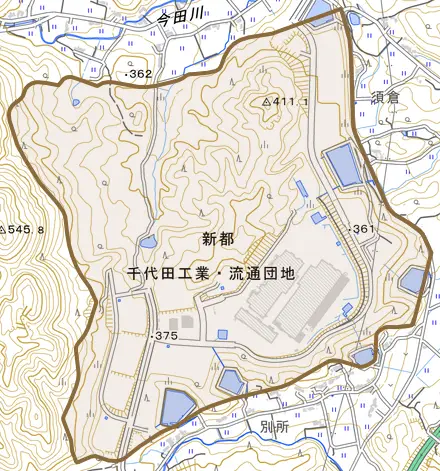 新都とその周辺の地図。町の範囲を重ねている