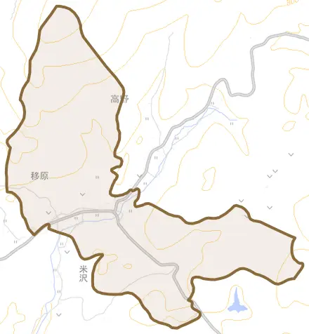 移原とその周辺の地図。町の範囲を重ねている