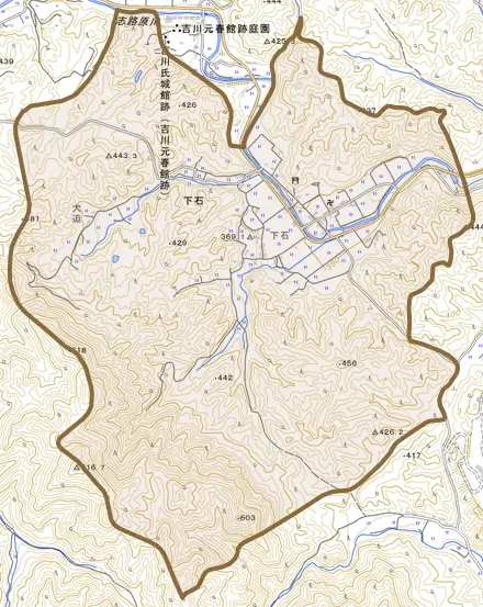 下石とその周辺の地図。町の範囲を重ねている