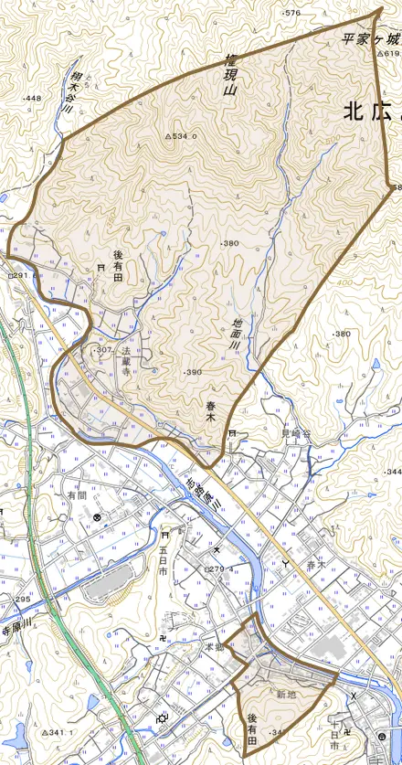 後有田とその周辺の地図。町の範囲を重ねている