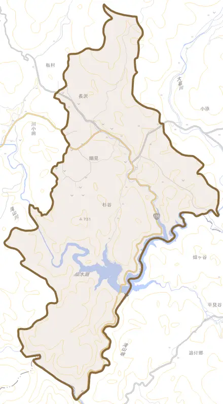 細見とその周辺の地図。町の範囲を重ねている