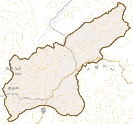 志路原とその周辺の地図。町の範囲を重ねている