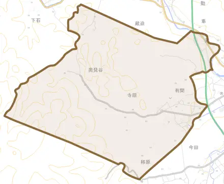 寺原とその周辺の地図。町の範囲を重ねている